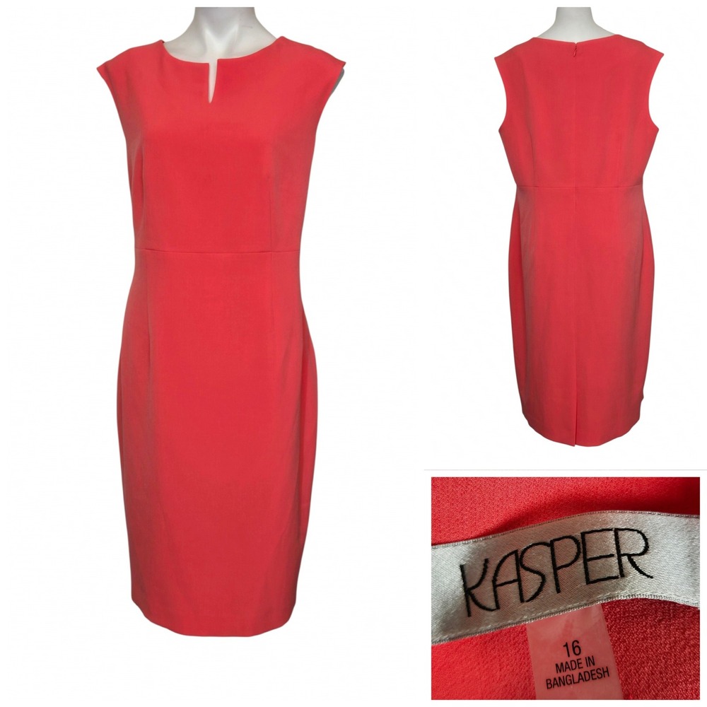 Kasper Womens Coral Pink Sleeveless Notched Neck Sheath Dress Size 16